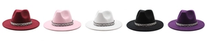 Flat brim wool jazz hats in various colors featuring snake pattern decorative bands
