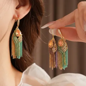 Bohemian multilayer tassel earrings with zircon waterdrop and pastel bead chains