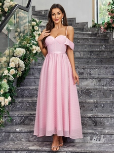 Elegant pink backless mesh evening dress with polka dot jacquard and off-shoulder straps