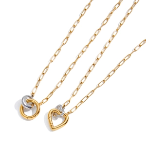 Elegant gold titanium steel heart pendant necklace with intertwined silver rings
