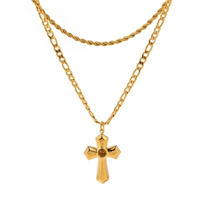 French vintage gold layered necklace with cross pendant and brown tiger eye gemstone