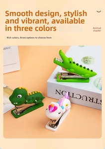 Detail of cute mini cartoon staplers in dinosaur, crocodile and unicorn designs