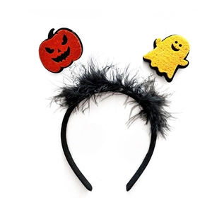 Halloween headband with red pumpkin, yellow ghost, and black feathers for party costumes