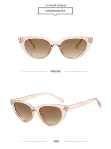 Champagne cat-eye sunglasses with tea gradient lenses shown from front and side angles