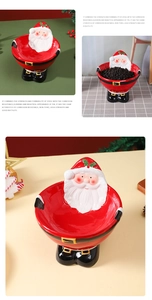 Macro view of Santa Claus ceramic cat bowl showing smooth glaze and festive red details