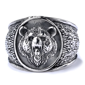 Vintage bear head ring in antique silver stainless steel for men with punk style