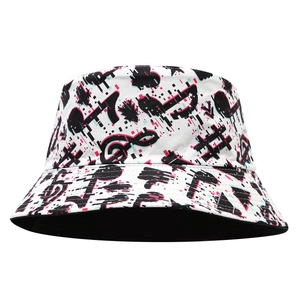 White bucket hat with music note prints and glitch art design for outdoor sun protection