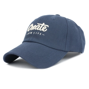 Navy blue cotton baseball cap featuring white Create New Life 3D embroidery on the front