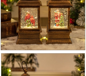 Detail of vintage bronze Christmas lantern with Santa scene and festive snowy background