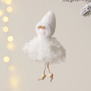 Pendentif ange en peluche blanche avec flocon argenté et perles en bois pour sapin de Noël