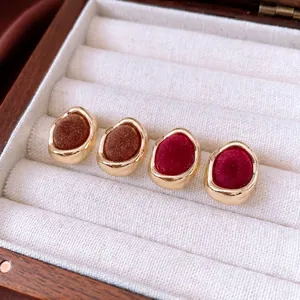 Retro vintage flocked oval stud earrings in brown and wine red tones with metal frames