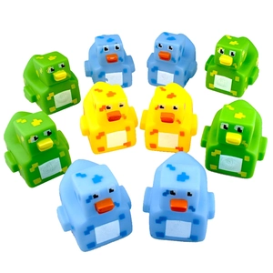 10-piece set of pixelated square rubber ducks for bath time in green, blue, and yellow