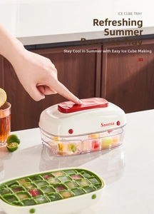 Close-up of a press-type ice cube tray maker with colorful fruit cubes and Snorna logo