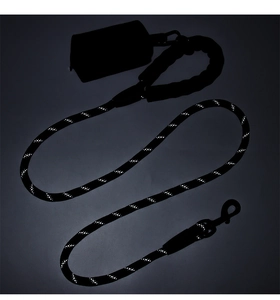 Detail showing reflective rope dog leash with black storage pouch and metal D-ring hook
