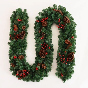 Artificial Christmas Garland PVC Pine Cones Red Berries Thick Rattan For Staircase Railing Fireplace Holiday Home Decor