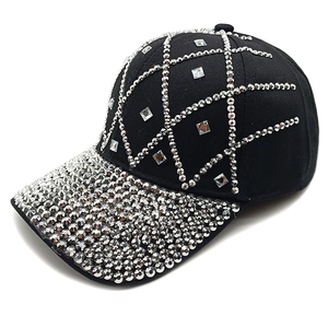 Classic black baseball cap featuring full silver rhinestone coverage and geometric patterns
