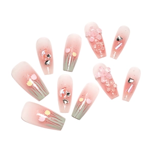 Pink gradient long trapezoid press-on nails with 3D tulip flowers and glitter rhinestones