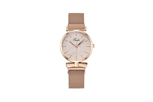Detailed macro view of rose gold Milanese loop band and textured leaf pattern watch face