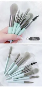 Detail of 8-piece mint green portable makeup brush set with soft synthetic bristles