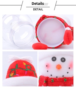 Detail of Christmas snowman candy jar showing red knit hat with embroidery and white plush trim