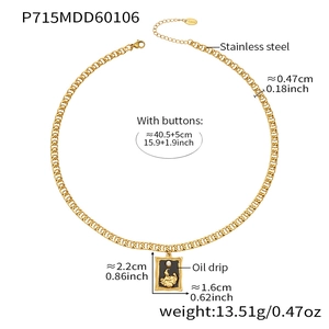 Detail view of gold stainless steel necklace with size measurements and product specs
