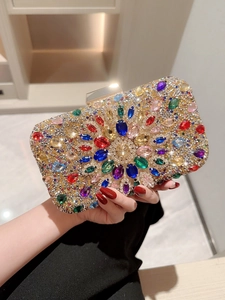 Luxury Rhinestone Evening Clutch Bag Colorful Crystal Gemstone Hard Shell Box Purse With Chain Strap Women Party Wedding