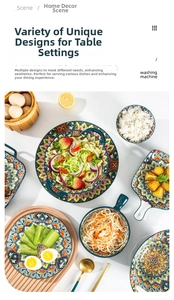 Detailed macro view of Bohemian mandala ceramic dinnerware set with vibrant exotic patterns