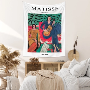 Detail view of Matisse The Music wall tapestry hanging in a minimalist modern bedroom