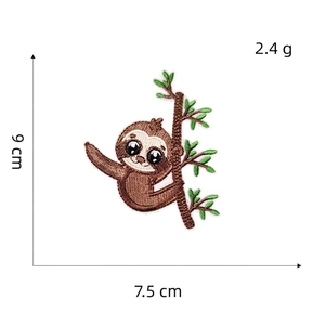 Detailed view of sloth embroidery patch with measurements 9cm height and 7.5cm width
