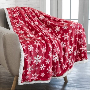 Close-up of red Christmas flannel blanket with snowflake patterns and soft Sherpa lining