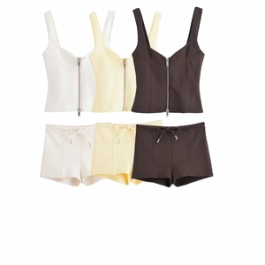 Women's 2-piece casual set featuring zipper vest and drawstring shorts in three colors