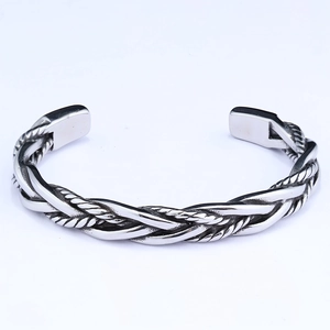 Nordic silver twisted cable open cuff bracelet for men in polished stainless steel