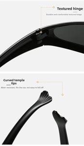 Detailed view of durable metal hinges and anti-slip curved temple tips on black sunglasses
