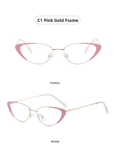 Pink gold cat-eye glasses frame with sparkling glitter accents shown from two angles