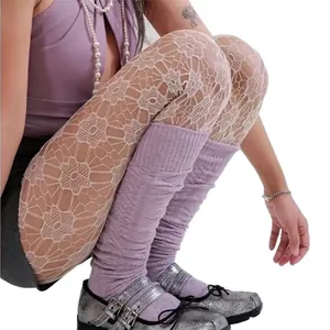 White floral lace tights with lilac ribbed leg warmers and silver Mary Jane shoes