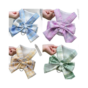 British style plaid dog harness vest with large bow tie in four colors for small pets