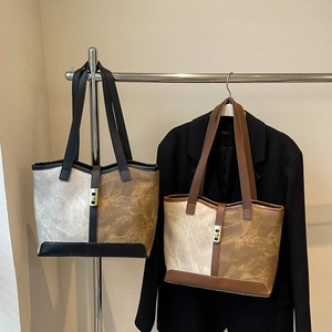 Retro oversized color-block tote bags in beige and brown with metal buckles and faux leather