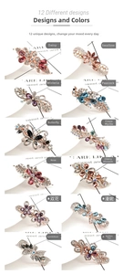 Détail d'un ensemble de 12 barrettes en cristal avec motifs de papillons et fleurs strassées