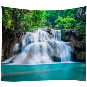 Scenic forest waterfall wall tapestry for living room decor with lush green nature scenery
