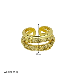 Detail view of gold double layered open ring with clear crystals showing 12mm height
