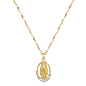 Luxurious gold-plated oval Virgin Mary pendant necklace with sparkling crystal rhinestones