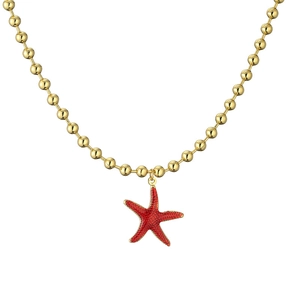 Golden bead chain necklace with detailed red starfish pendant on a white background
