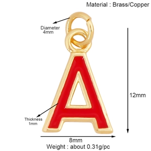 Golden brass letter A pendant with red enamel inlay and detailed product dimensions