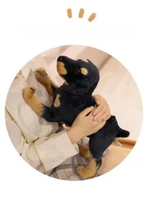 Detailed close-up of a realistic Rottweiler plush toy being held in a home setting