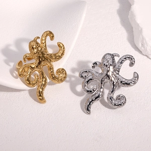 Octopus Ring Stainless Steel 18K Gold Plated Adjustable Open Band Ocean Sea Animal Suction Cup Texture Statement Jewelry
