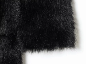 Close-up of thick black faux fur texture on the winter coat sleeve for luxury detail