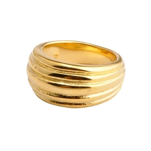 Polished 18K gold plated titanium steel ring with wide multi-layer ribbed texture