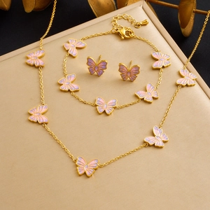 Collana Farfalla Bracciale Orecchini Smalto Rosa Viola Sfumato Placcato Oro Acciaio Inossidabile Gioielli Donna Sognante