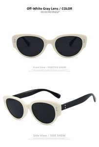 Detail of cream cat-eye sunglasses with silver rivets and black polarized lenses