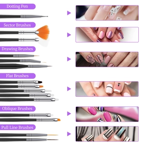 Détails du lot de 15 pinceaux nail art noirs montrant les pinceaux éventails et liners